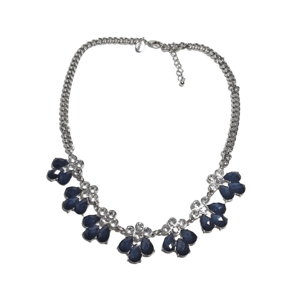 Charming Charlie Statement Necklace Navy Blue Rhinestone Crystal Silver Tone
